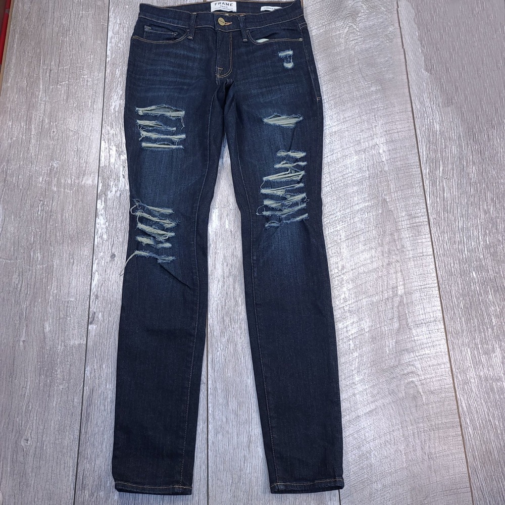 Frame Le Skinny de Jeanne Jeans Women 27 Blue Distressed Indiana Square